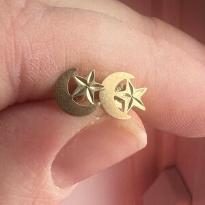 14K Gold Crescent Moon and Star Stud Earrings